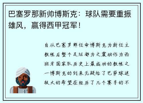 巴塞罗那新帅博斯克：球队需要重振雄风，赢得西甲冠军！